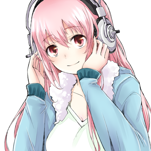 headphones long_hair looking_at_viewer minato_(shouno) nitroplus pink_eyes pink_hair simple_background solo super_sonico white_background