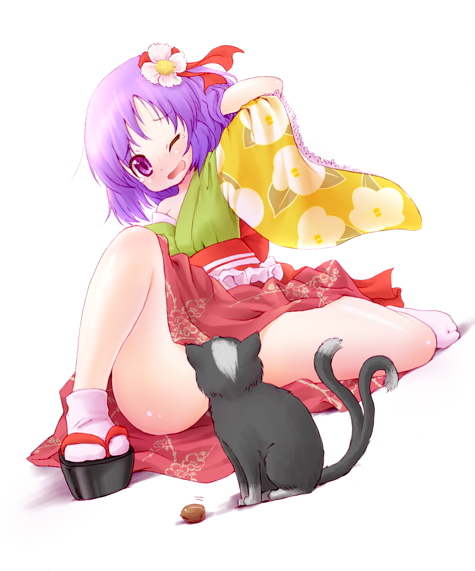 arinu bare_legs cat censored chen chen_(cat) convenient_censoring dutch_angle fallen_down flower forked_tail hair_flower hair_ornament hand_on_head hieda_no_akyuu japanese_clothes kimono multiple_tails nekomata purple_eyes purple_hair sandals short_hair simple_background solo tabi tail touhou violet_eyes walnut_(food) white_background wince