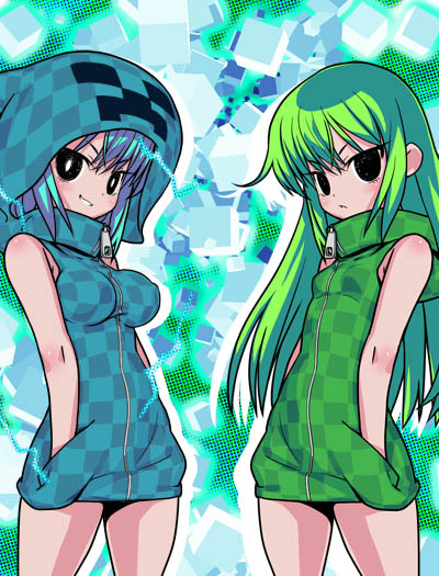 alphes blue_hair breasts creeparka creeper cube dual_persona electricity flat_chest green_hair grin hands_in_pockets hood large_breasts long_hair minecraft multiple_girls no_pants smile zipper