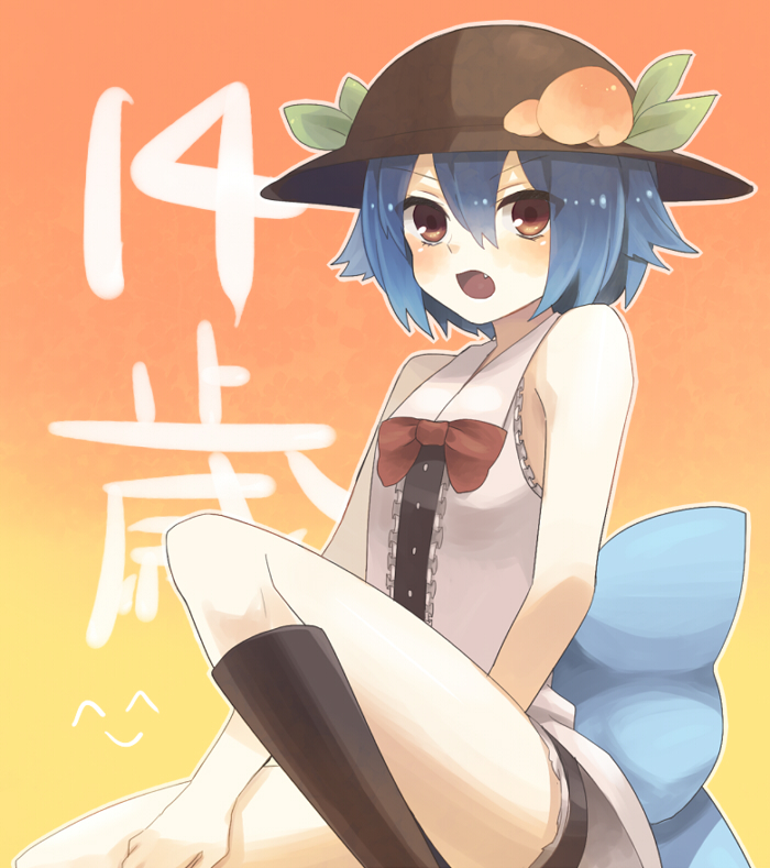 alternate_hair_length alternate_hairstyle bad_id blue_hair blush bow fang food frills fruit hat hinanawi_tenshi konbu_ame leaf open_mouth peach red_eyes short_hair sleeveless solo touhou translated translation_request