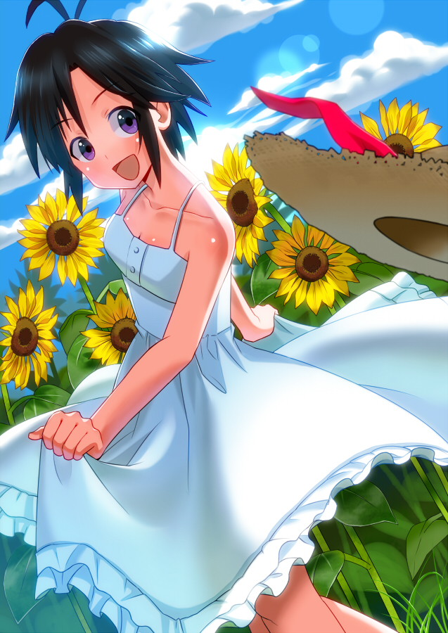 :d antenna_hair bad_id black_hair blue_sky breasts cleavage cloud clouds collarbone dress dutch_angle flower frills hat hat_removed headwear_removed idolmaster kikuchi_makoto lens_flare open_mouth short_hair sky smile solo sonsoso standing sun_hat sundress sunflower white_dress