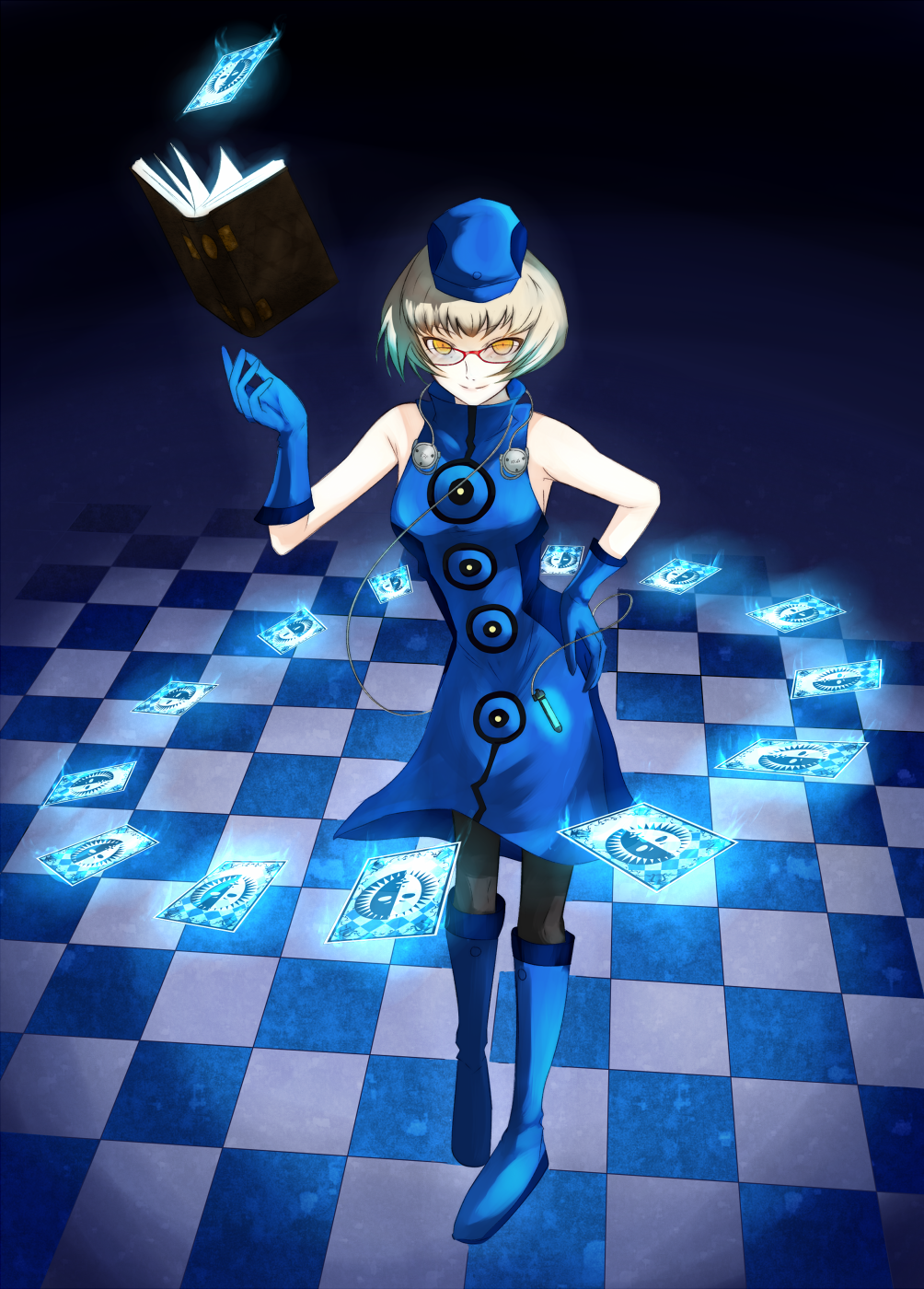 bare_shoulders bespectacled black_legwear book boots card checkered checkered_floor digital_media_player dress elizabeth_(persona) glasses hat headphones highres pantyhose persona persona_3 sleeveless sleeveless_dress smile solo take_(s-wab) white_hair yellow_eyes