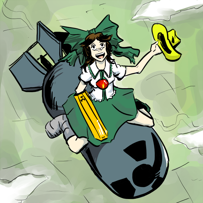 bomb commentary cowboy_hat dr._strangelove dr._strangelove_or:_how_i_learned_to_stop_worrying_and_love_the_bomb drsunshine hat mismatched_footwear nuke parody reiuji_utsuho riding solo touhou