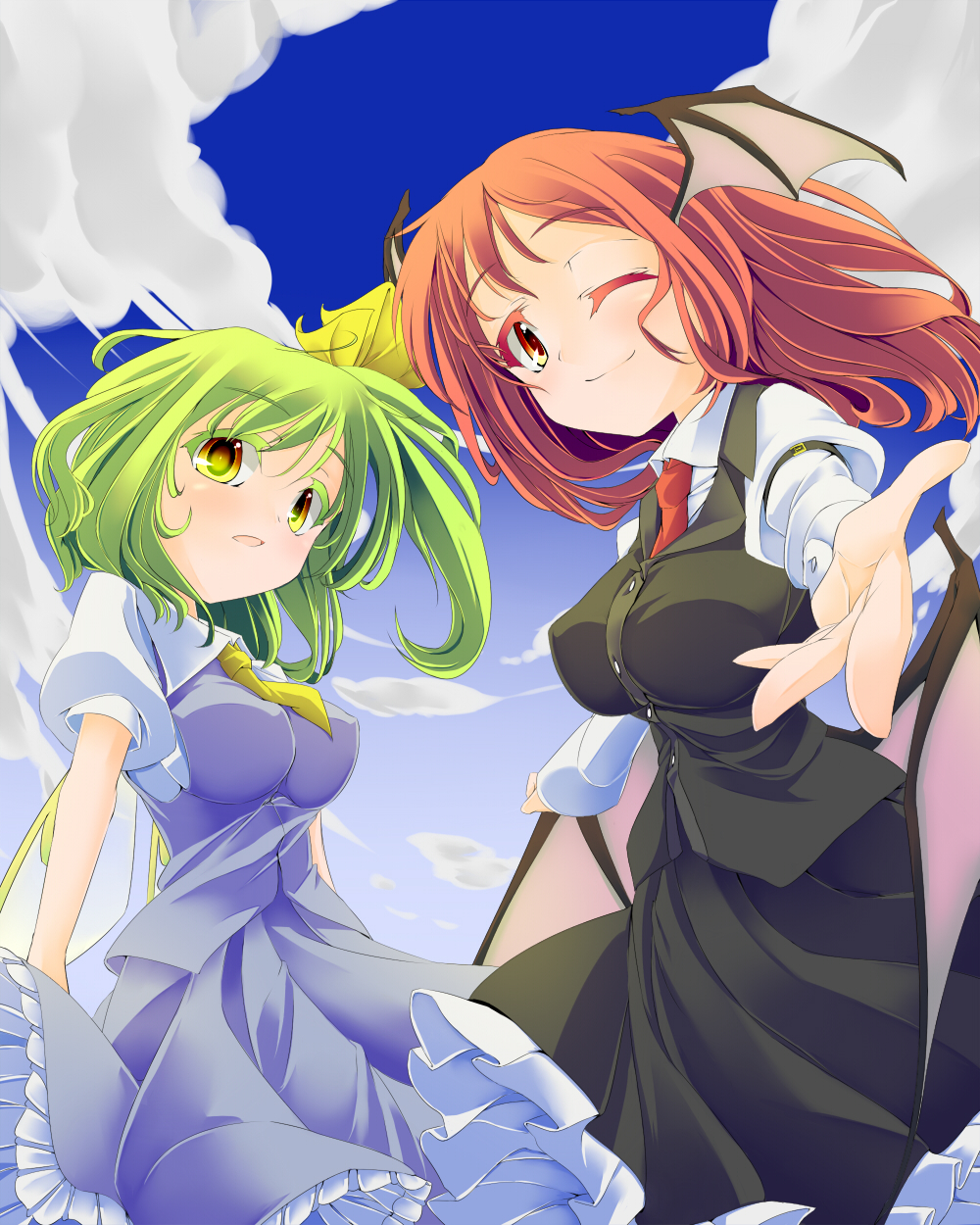 arm_garter ascot bad_hands bat_wings bow breasts cloud clouds colored_eyelashes daiyousei demon_wings dress_shirt error eyelashes fairy fairy_wings foreshortening frills from_below gradient_eyes green_eyes green_hair hair_bow hair_ribbon head_wings highres impossible_clothes impossible_vest koakuma large_breasts long_skirt long_sleeves low_wings multicolored_eyes multiple_girls necktie open_mouth outstretched_arm red_eyes red_hair redhead ribbon santa_(kaisou_hikuutei) santa_syokatu shirt short_hair short_sleeves side_ponytail skirt skirt_set sky smile touhou white_shirt wings wink