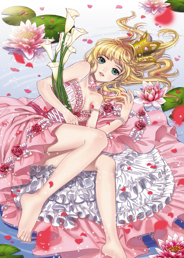 barefoot blonde_hair blue_eyes bracelet breasts briska choker cleavage copyright_request crown dress flower frills jewelry lily_pad lying off_shoulder on_side parted_lips personification petals princess solo strap_slip
