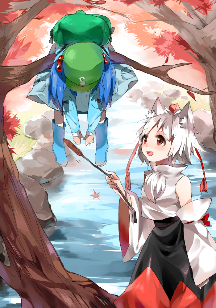 animal_ears autumn_leaves backpack bag blue_hair blush brown_eyes cattail cow_(shadow) detached_sleeves hair_bobbles hair_ornament hanging hanging_from_tree hat hat_ribbon inubashiri_momiji kawashiro_nitori long_sleeves multiple_girls open_mouth plant ribbon river rubber_boots shirt short_hair silver_hair skirt smile tokin_hat touhou twintails wide_sleeves wolf_ears