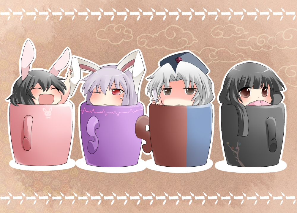 aenobas animal_ears black_hair brown_eyes bunny_ears chibi cross cup hammer_(sunset_beach) hands_in_sleeves hat hime_cut holding_ears houraisan_kaguya in_container in_cup inaba_tewi long_hair mug multiple_girls nurse_cap open_mouth purple_hair rabbit_ears red_eyes reisen_udongein_inaba shaded_face short_hair silver_hair smile sweat syringe touhou wink yagokoro_eirin