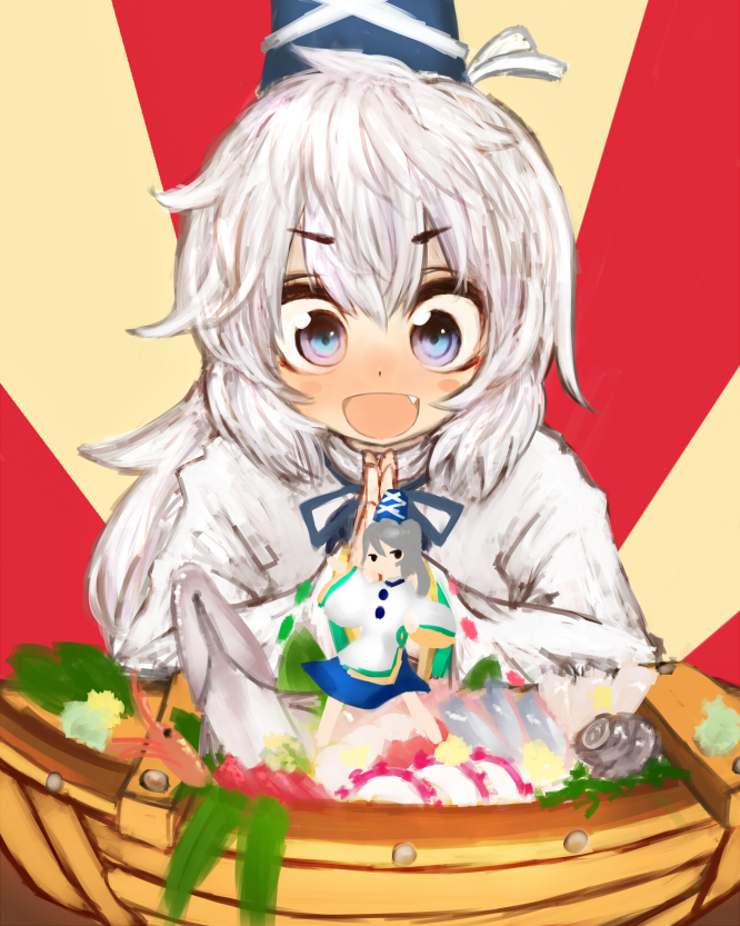 :d blue_eyes blush_stickers boat bust fang fish food gobou hands_together hat japanese_clothes kariginu long_hair mononobe_no_futo open_mouth ponytail shrimp smile solo tate_eboshi touhou white_hair