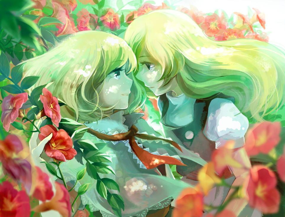 alice_margatroid blonde_hair blue_eyes buttons capelet dress eye_contact flower i_wanna incipient_kiss kirisame_marisa lace leaf light_particles long_hair looking_at_another lying morning_glory multiple_girls mutual_yuri no_hat no_headwear on_back open_hand ribbon short_hair short_sleeves smile touhou vest yuri