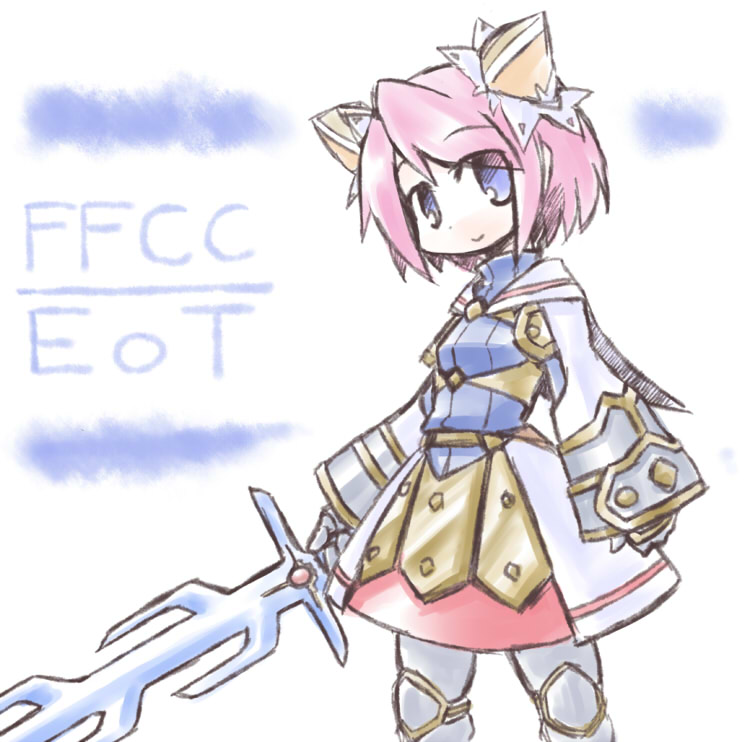 blue_eyes clavat final_fantasy final_fantasy_crystal_chronicles final_fantasy_crystal_chronicles:_echoes_of_time kugelschreiber looking_at_viewer pink_hair short_hair smile solo sword title_drop weapon