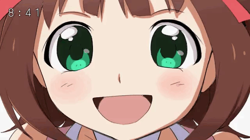 1girl amami_haruka animated animated_gif arms_behind_back bouncing_breasts bow breasts brown_hair clock clockshow cool_&amp;_sexy_(idolmaster) derivative_work dojikko fake_screenshot fallen_down female green_eyes hair_bow hair_ribbon idolmaster leaning_forward looking_at_viewer lowres parody precure rariemonn red_ribbon ribbon simple_background smile smile_precure! solo white_background