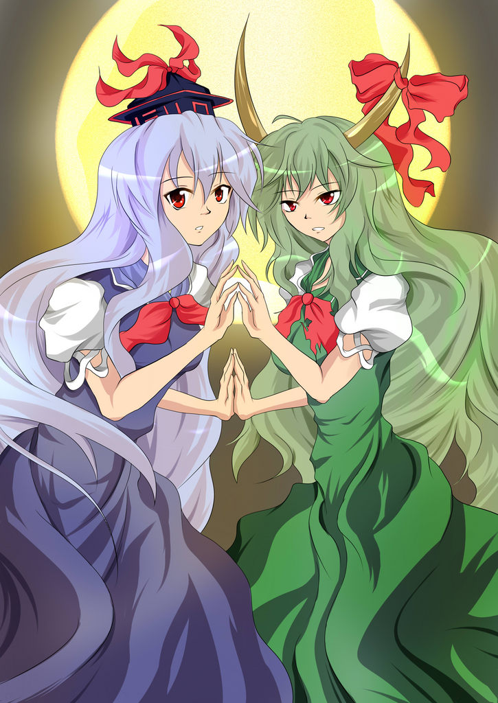 1girl :o bad_apple!! blue_dress blue_hair dress dual_persona ex-keine full_moon green_dress green_hair grey_background hands_together hat hat_ribbon horn_ribbon horns kamishirasawa_keine kitsunenoefude long_hair looking_at_viewer moon multiple_girls red_eyes ribbon short_sleeves touhou very_long_hair