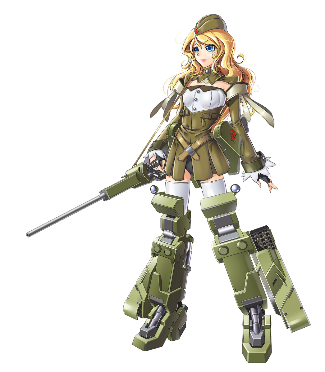 belt blonde_hair blue_eyes copyright_request female fingerless_gloves gloves gun highres long_hair mecha_musume military military_uniform solo soviet star t-50_(tank) thigh-highs thighhighs uniform weapon yin_gren