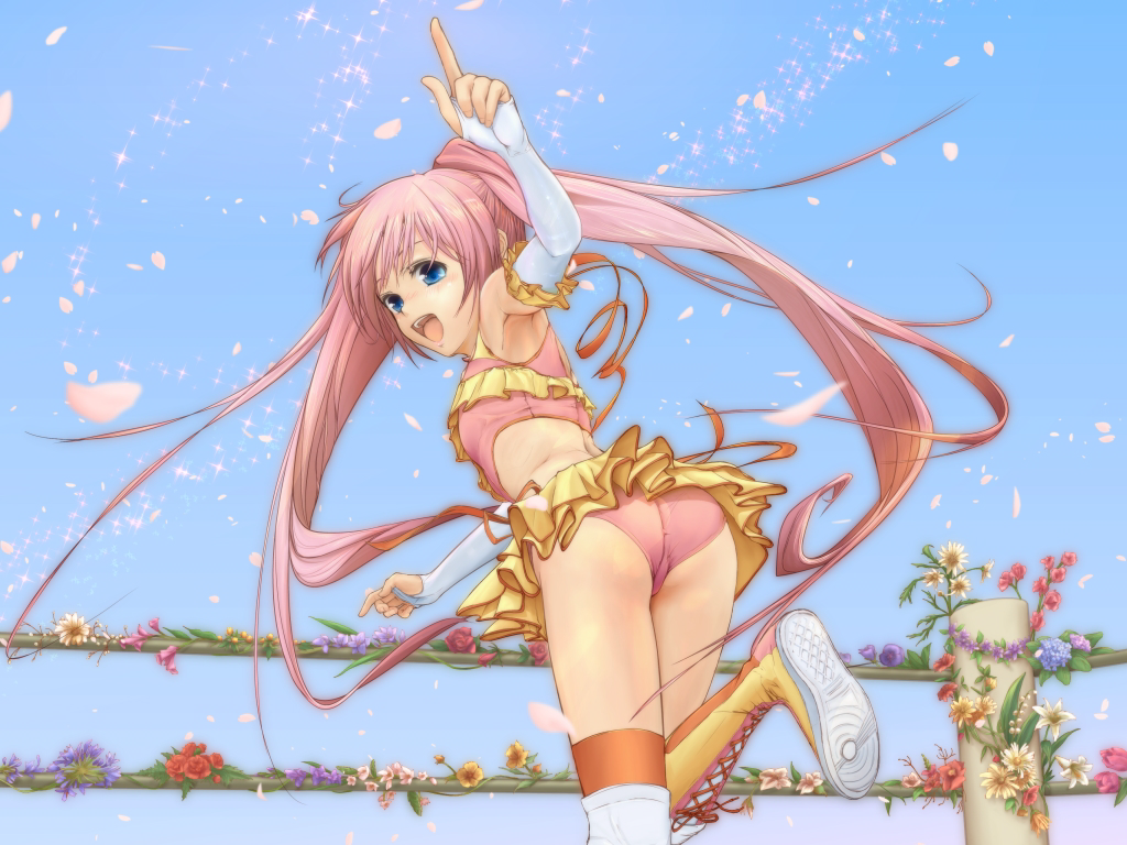 arena ass back blue_eyes boots elbow_pads flower frills hair_ornament kanai_cuty knee_pads open_mouth petals pink_hair skirt smile sports_bikini twintails umii wrestle_angels wrestle_angels_survivor wrestling_outfit wrestling_ring
