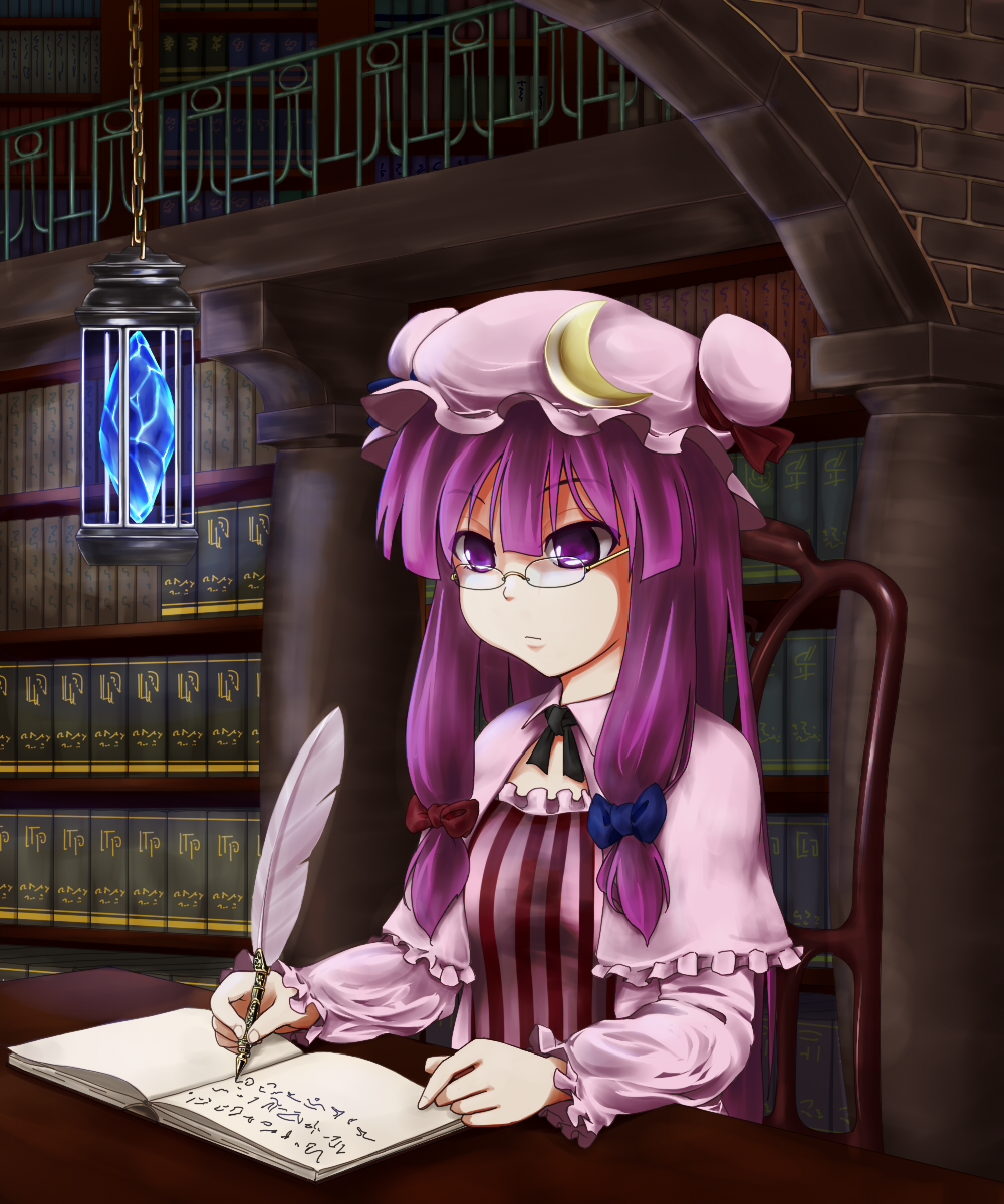 arch blush book bookshelf bow brick_wall capelet chair crescent crystal dress fingernails frown glasses hair_bow hat hat_ribbon highres kokko361 lamp library long_hair looking_down patchouli_knowledge pen pillar purple_eyes purple_hair quill ribbon rimless_glasses robe shirt sitting solo striped striped_shirt table touhou twintails very_long_hair violet_eyes voile writing