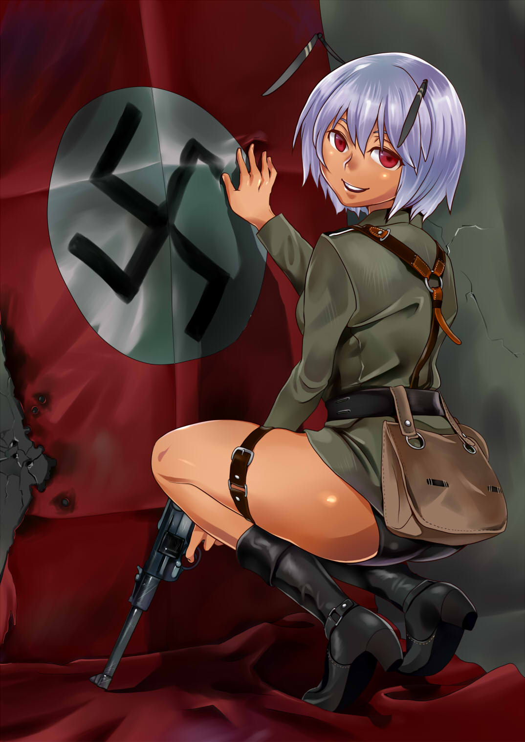 antennae belt black_boots boots commentary flag ginjuuji gun handgun highres kneeling lavender_hair looking_back luger_p08 military military_uniform nazi open_mouth original pouch red_eyes short_hair smile solo suspenders swastika thigh_strap uniform weapon