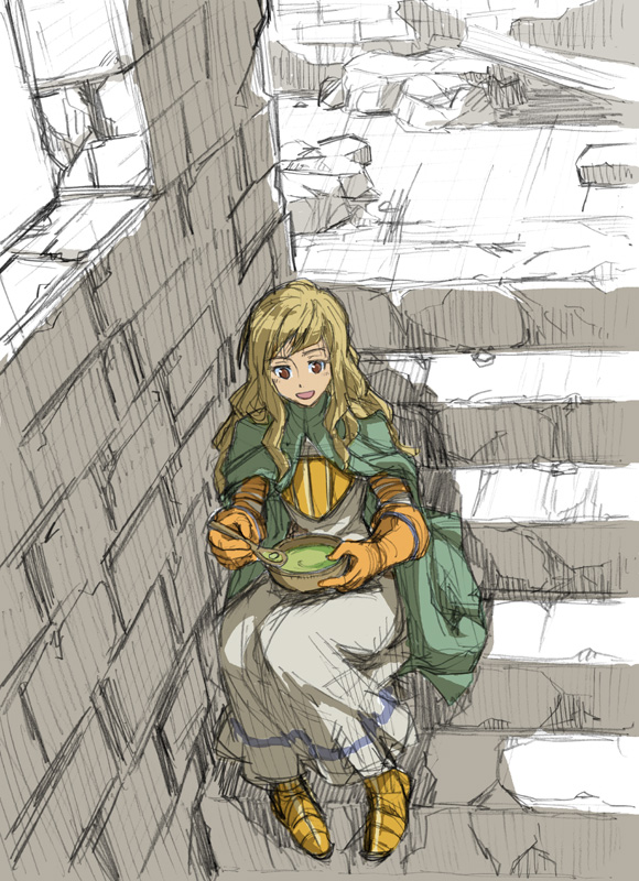 armor artist_request blonde_hair boots bowl brown_eyes brown_hair cape dress female final_fantasy final_fantasy_tactics food gloves greaves long_hair milleuda_folles miluda_folles open_mouth ruins sawaguchi_kyouji sitting smile solo soup spoon stairs