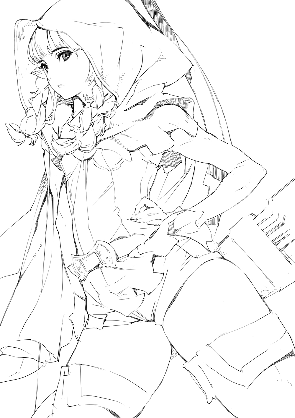 bangs belt belt_buckle blunt_bangs braid dragon's_crown dragon's_crown elf_(dragon's_crown) elf_(dragon's_crown) hand_on_hip highres hips hood houden_eizou lineart pointy_ears posing simple_background solo standing thigh-highs thighhighs twin_braids white_background zettai_ryouiki