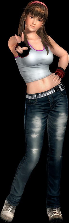 3d belt black_background breasts brown_hair contrapposto dead_or_alive dead_or_alive_5 fingerless_gloves gloves hairband hand_on_hip hips hitomi jeans midriff navel official_art promotional_art shoes sneakers solo standing studded_belt tank_top tecmo v