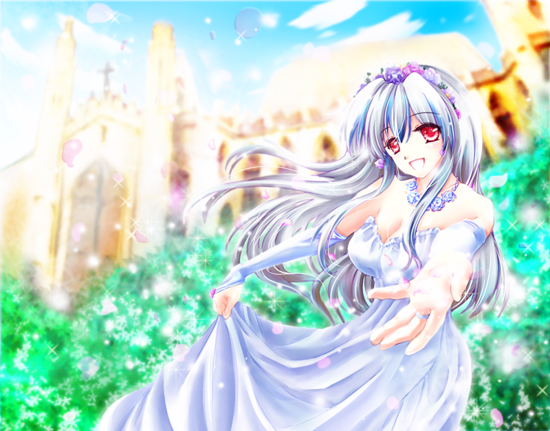 alternate_costume bare_shoulders blue_hair breasts bridal_gauntlets cleavage dress flower gatsukyo_saki hair_ornament jewelry kamishirasawa_keine long_hair long_skirt multicolored_hair necklace open_mouth outstretched_arms petals red_eyes silver_hair skirt solo touhou tsukiori_sasa two-tone_hair veil very_long_hair wedding_dress
