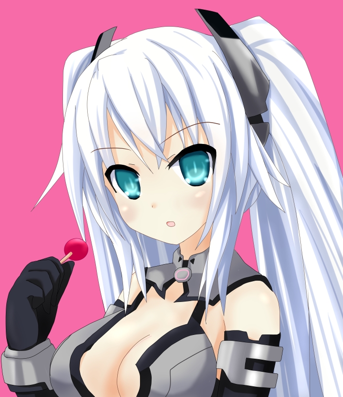 :o aqua_eyes black_heart blue_eyes breasts bust candy choujigen_game_neptune cleavage elbow_gloves gloves hair_ornament kami_jigen_game_neptune_v lollipop long_hair looking_at_viewer noire open_mouth sarvuant simple_background solo symbol-shaped_pupils twintails very_long_hair white_hair