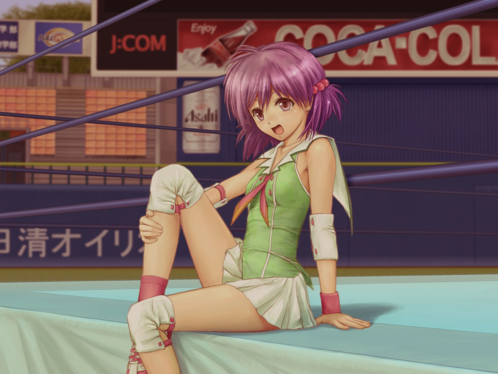 arena ascot beer blush can coca-cola elbow_pads hair_bobbles hair_ornament knee_pads open_mouth poster purple_eyes purple_hair shoes short_hair sign sitting skirt smile sneakers solo umii violet_eyes wrestle_angels wrestle_angels_survivor wrestle_angels_survivor_2 wrestling_outfit wrestling_ring yuuki_chigusa