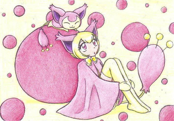 boots cape cat chikorita85 creature eyelashes knee_boots looking_up moemon neck_ribbon personification pink pink_eyes pokemon ribbon short_hair skitty traditional_media yellow_background yellow_legwear yellow_ribbon