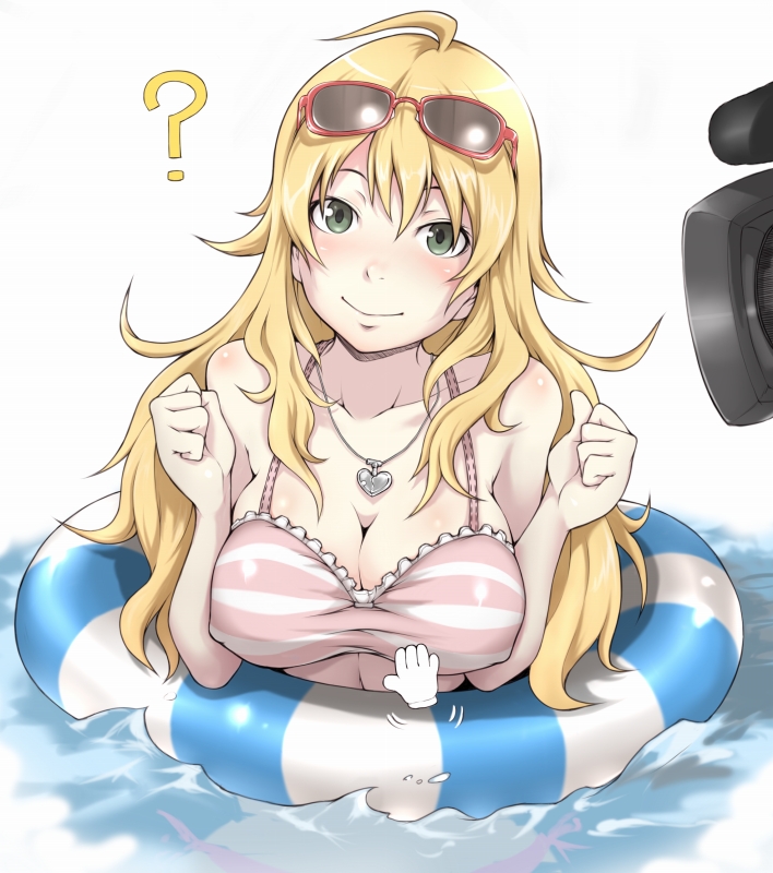 1girl ? a-1_pictures bandai_namco bikini blonde_hair blush breasts camera cleavage cursor green_eyes hands heart heart_necklace hoshii_miki idolmaster ina_(gokihoihoi) innertube jewelry large_breasts long_hair necklace partially_submerged shiny shiny_skin smile solo striped sunglasses sunglasses_on_head swimming taut_shirt water what