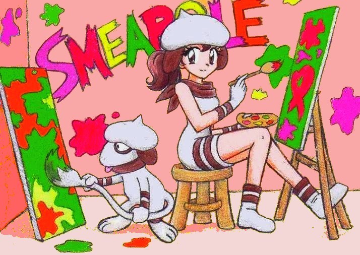 brown_eyes character_name chikorita85 dress eyelashes holding indoors looking_at_viewer looking_away minidress moemon paint paintbrush paintcrush painting personification pokemon sitting smeargle traditional_media white_dress