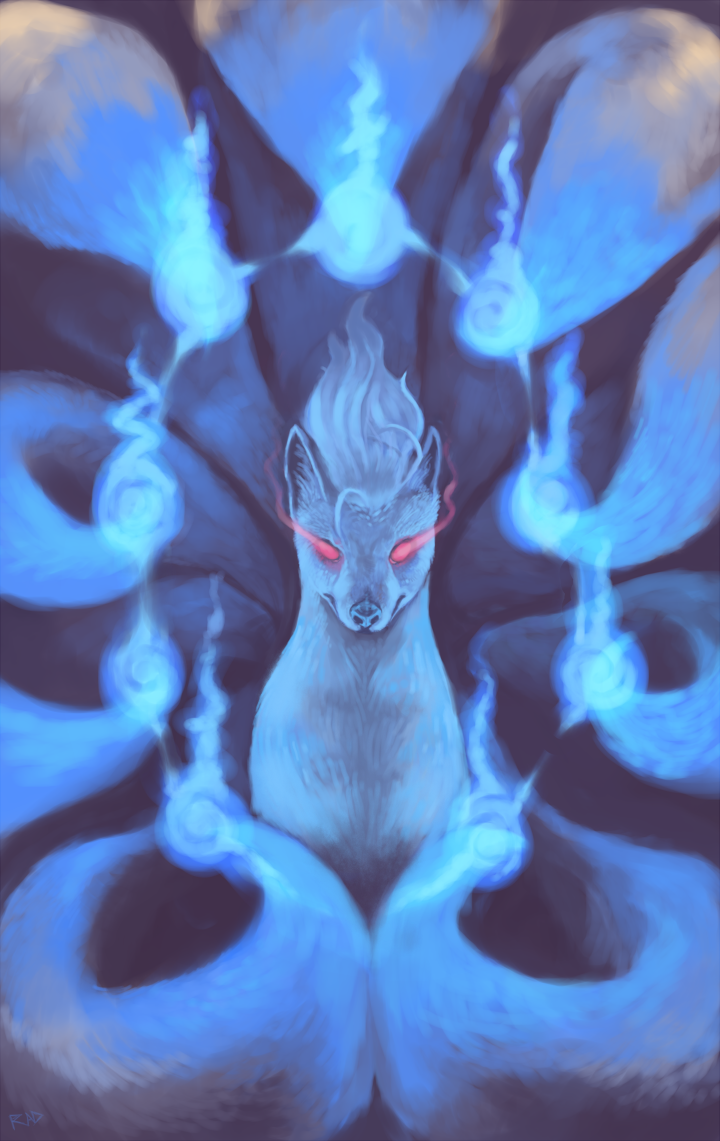 blue blue_fire fire flame looking_at_viewer multiple_tails ninetales no_humans pokemon pokemon_(creature) rajewel realistic serious shiny_pokemon signature solo symmetry tail