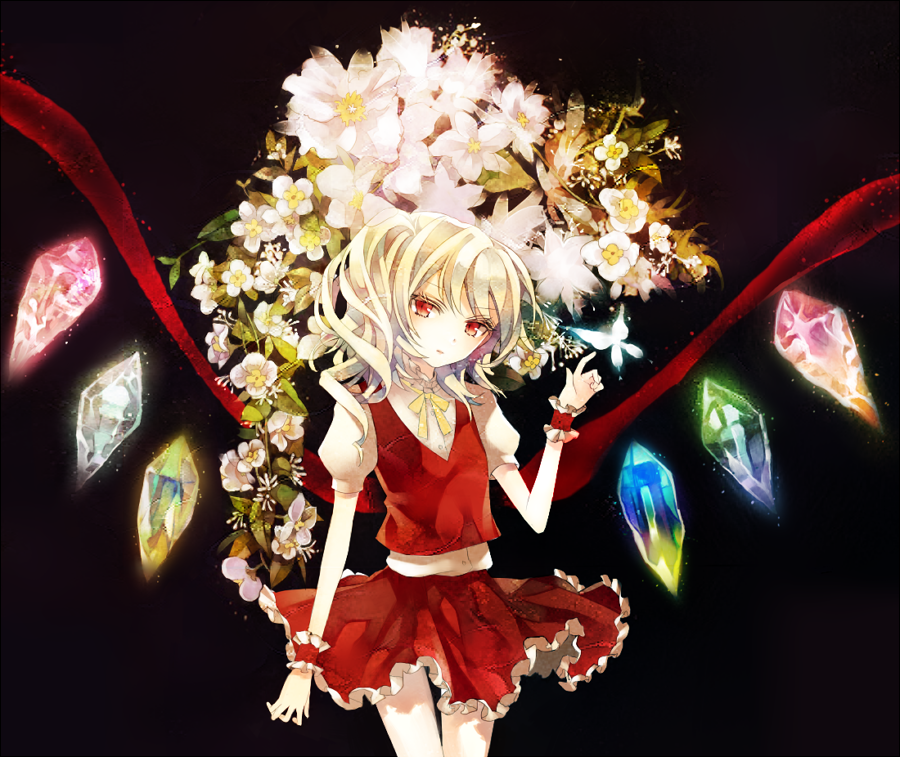 black_background blonde_hair butterfly flandre_scarlet flower large_wings looking_at_viewer no_hat no_headwear prino_hawell red_eyes short_hair side_ponytail simple_background skirt skirt_set solo touhou wings wrist_cuffs