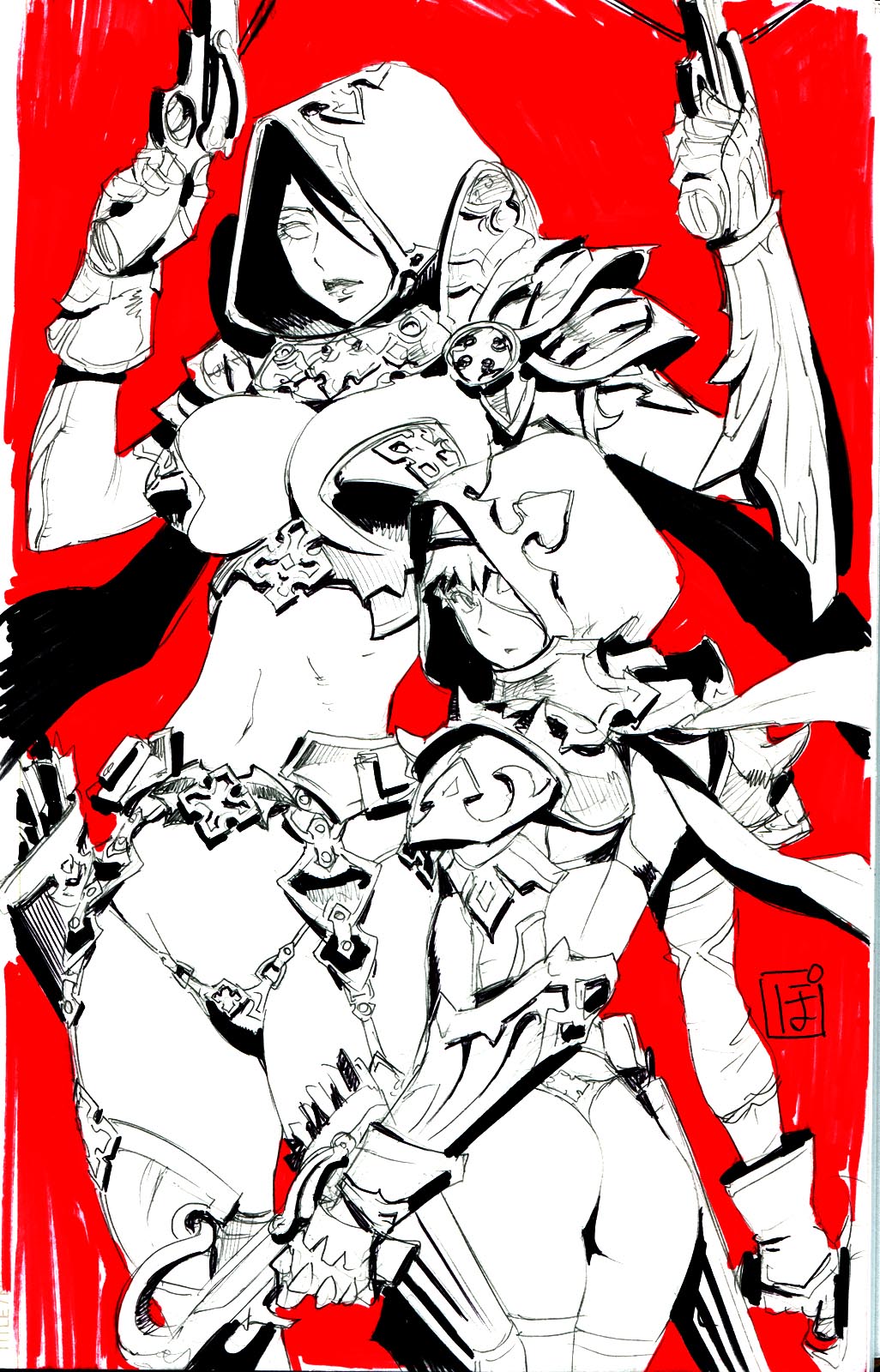 1girl armor arrow ass bow_(weapon) breasts crossbow demon_hunter diablo diablo_3 gloves highres hood large_breasts monochrome navel panties po-ju quiver red_background signature sketch standing thigh-highs thighhighs traditional_media trap underwear weapon
