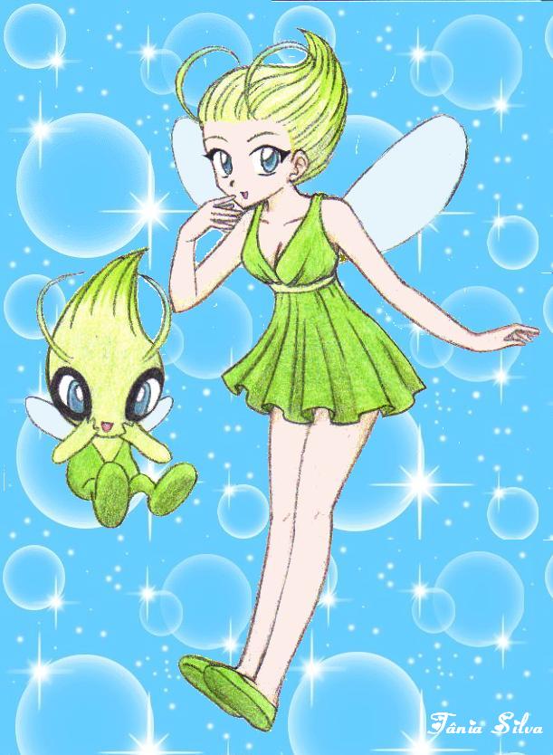 blue_background blue_eyes bubble_background celebi chikorita85 collarbone dress fairy fairy_wings flying green_dfress green_dress green_hair hand_on_own_face hands_on_own_face minidress moemon open_mouth personification pointy_hair pokemon shoes short_hair signature smile traditional_media wings