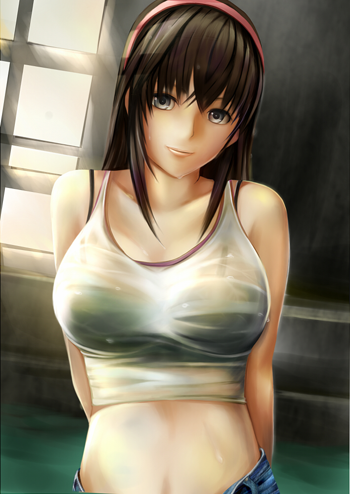 arms_behind_back bad_id bare_shoulders black_eyes breasts brown_hair collarbone dead_or_alive hairband hitomi large_breasts looking_at_viewer midriff nanacy7 see-through smile tank_top water wet window
