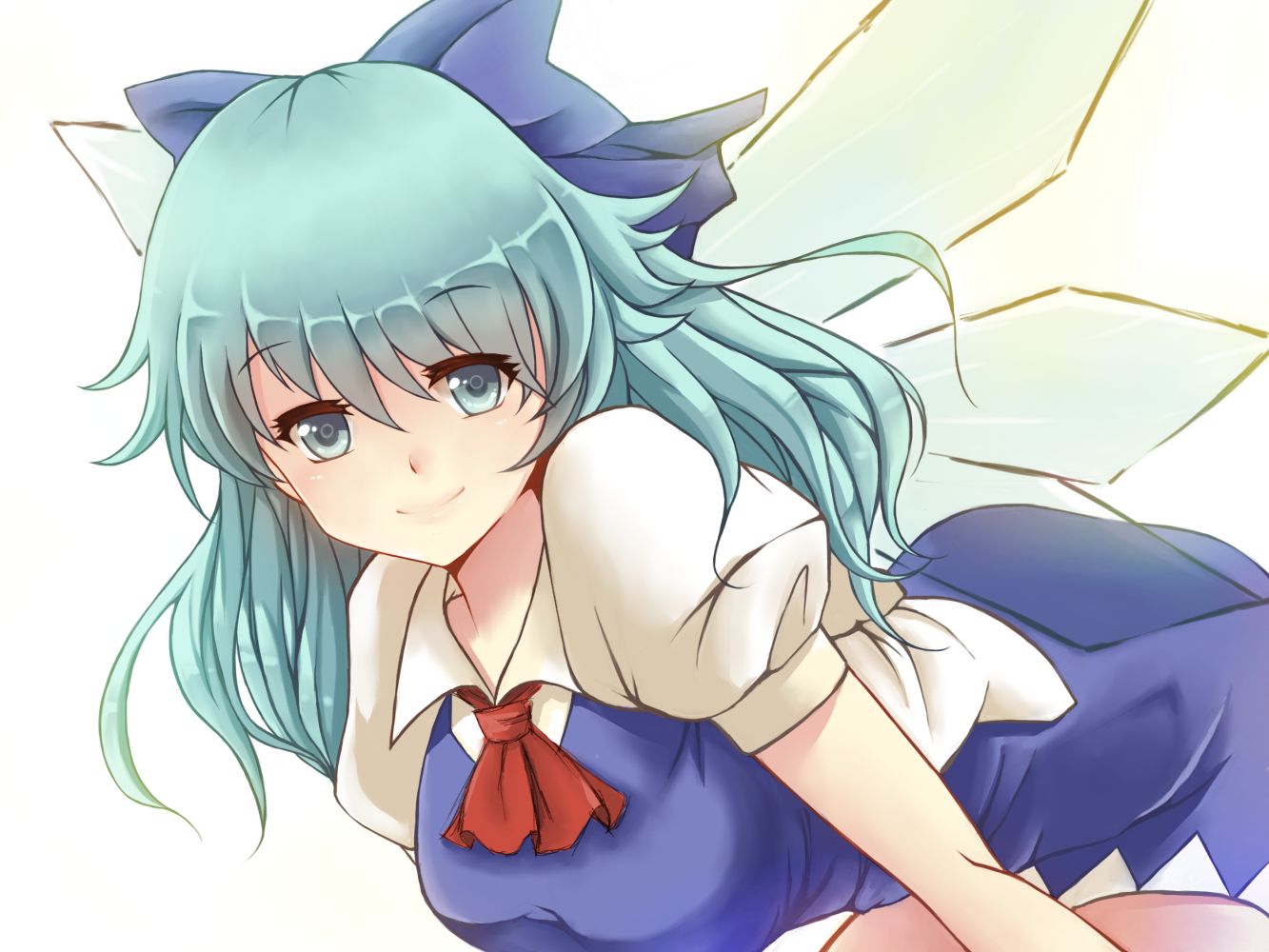 1girl adult blue_eyes blue_hair bow cirno dress hair_bow ice ice_wings long_hair looking_at_viewer simple_background smile solo touhou white_background wings x&amp;x&amp;x