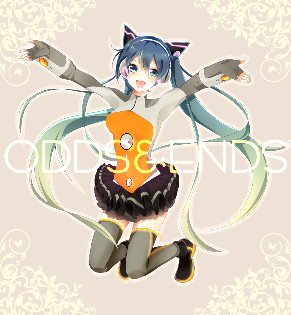 aqua_hair blue_eyes gradient_hair hatsune_miku headphones kneeling kuromame long_hair multicolored_hair odds_&amp;_ends_(vocaloid) open_mouth outstretched_arms project_diva_f skirt solo spread_arms thigh-highs thighhighs title_drop twintails very_long_hair vocaloid