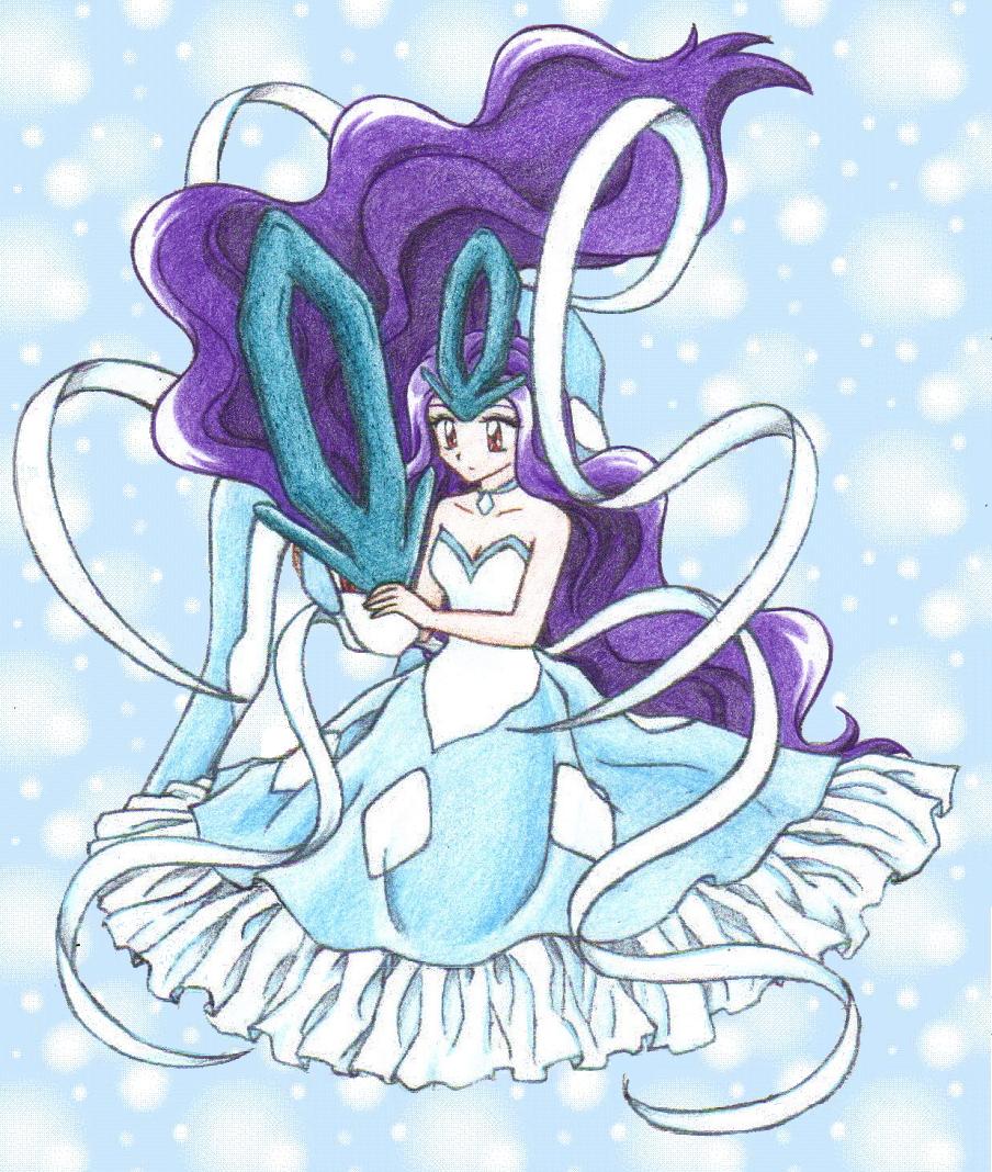 1girl big_hair blue blue_background blue_dress caress chikorita85 collar collarbone creature dress long_hair moemon personification pokemon purple_hair suicune very_long_hair