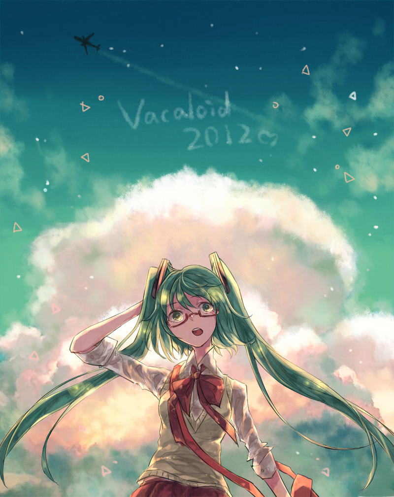 2012 airplane bag bespectacled cloud clouds condensation_trail glasses green_eyes green_hair hatsune_miku kkyingdd long_hair open_mouth sky solo sweater_vest twintails vocaloid