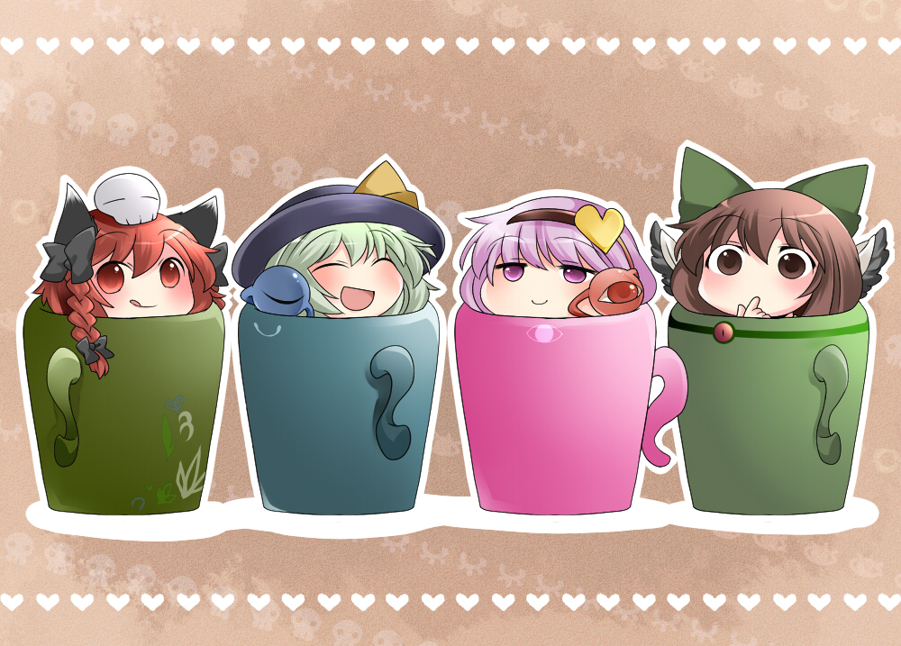 :d :q ;q ^_^ aenobas animal_ears black_wings braid brown_eyes brown_hair cape cat_ears chibi closed_eyes cup eyes_closed finger_to_face green_hair hair_ribbon hairband hammer_(sunset_beach) hat heart in_container in_cup kaenbyou_rin komeiji_koishi komeiji_satori long_hair multiple_girls open_mouth pink_eyes pink_hair purple_eyes purple_hair red_eyes red_hair redhead reiuji_utsuho ribbon short_hair skull smile third_eye tongue touhou twin_braids wings wink