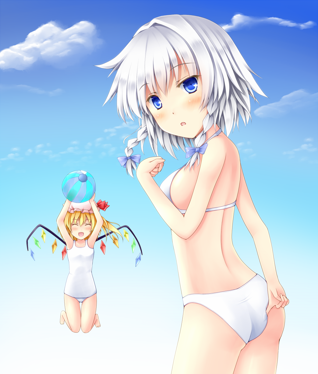 adjusting_swimsuit ass back ball beachball bikini blonde_hair blue_eyes braid breasts closed_eyes cloud clouds eyes_closed flandre_scarlet happy hat highres izayoi_sakuya misui multiple_girls one-piece_swimsuit open_mouth school_swimsuit short_hair silver_hair smile swimsuit touhou twin_braids white_bikini white_school_swimsuit wings