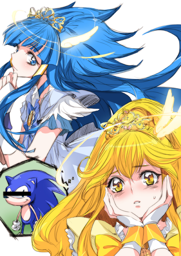 aoki_reika blonde_hair blue_eyes blue_hair censor_bar censored choker cosplay crossover cure_beauty cure_peace identity_censor kise_yayoi long_hair look-alike magical_girl multiple_girls personification precure simple_background smile_precure! sonic sonic_the_hedgehog tiara tima white_background yellow_eyes
