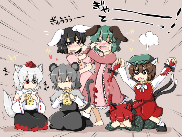 &gt;_&lt; :t animal_ears barefoot black_hair blouse bobby_socks bow braid brown_hair bunny_ears capelet cat_ears cat_tail cheek_pull cheese chen closed_eyes covering_face detached_sleeves dress eating emphasis_lines eyes_closed fang fighting green_dress green_hair grey_eyes grey_hair hair_bow hair_pull hat heart high_collar inaba_tewi inubashiri_momiji jewelry kaenbyou_rin kasodani_kyouko long_sleeves lying mouse_ears mouse_tail multiple_girls multiple_tails nazrin on_stomach open_mouth pink_background pink_dress rabbit_ears red_eyes red_hair rokunen seiza short_sleeves single_earring sitting sitting_on_person skirt smile socks standing swiss_cheese tail tail_wagging tears tokin_hat touhou twin_braids twintails vest white_hair wide_sleeves wolf_ears wolf_tail