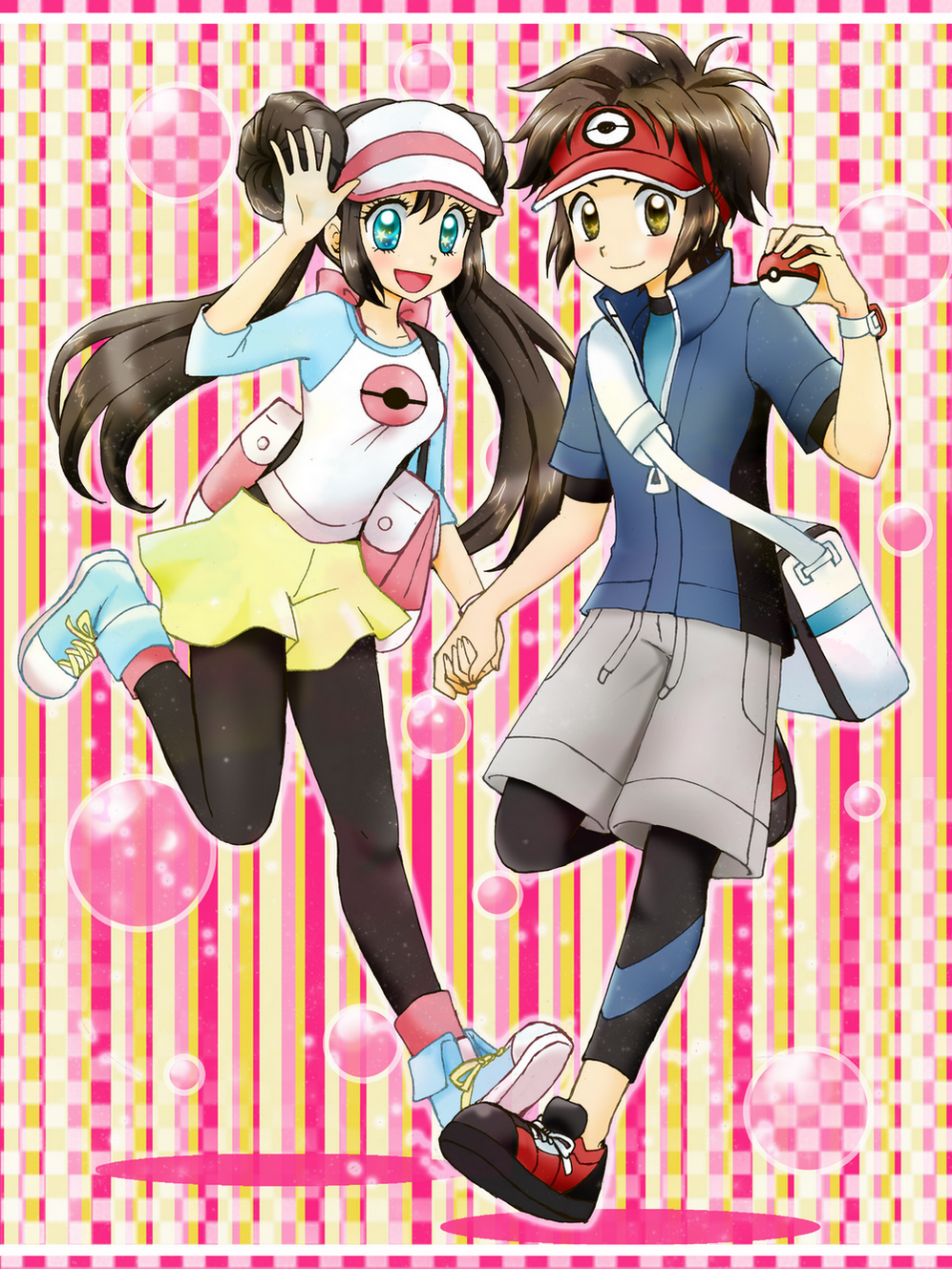 1girl bag blue_eyes brown_hair chikorita85 double_dun eyelashes female_protagonist_(pokemon_bw2) hand_holding highres holding holding_hands holding_poke_ball kyouhei_(pokemon) leggings long_hair male_protagonist_(pokemon_bw2) mei_(pokemon) pantyhose poke_ball pokemon pokemon_(game) pokemon_bw2 raglan_sleeves shorts star star-shaped_pupils symbol-shaped_pupils tennis_shoes very_long_hair watch wristwatch yellow_eyes