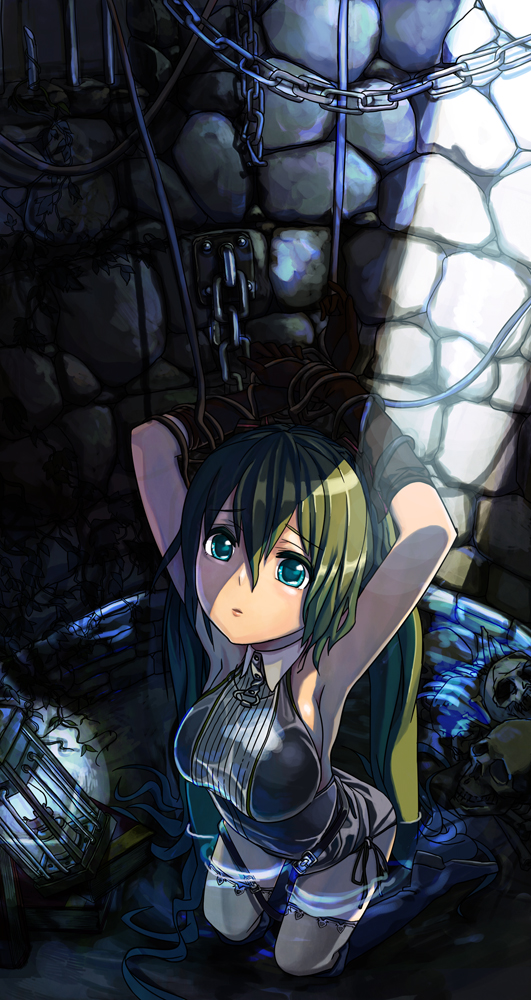 armpits arms_up bdsm bondage chain chains from_above fujita_(condor) green_eyes green_hair hatsune_miku long_hair looking_up skull solo twintails vocaloid