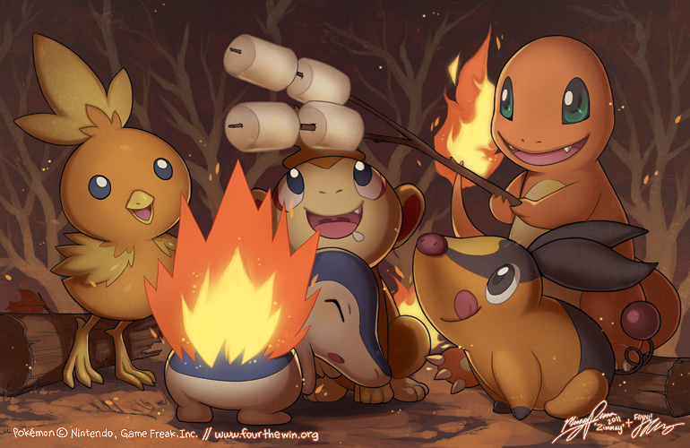 bird blue_eyes brown brown_eyes charmander chikorita chimchar closed_eyes creature cyndaquil fang finni_chang fire grey_eyes holding looking_up marshmallow nature no_humans orange_(color) outdoors pokemon pokemon_(creature) standing stick tail-tip_fire tepig tongue tongue_out torchic