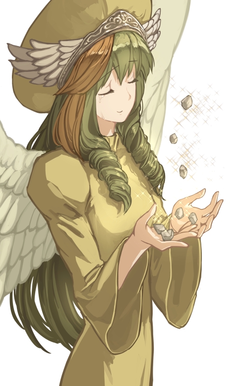 blonde_hair closed_eyes elona eyes_closed gem goddess hat jure_of_healing rueken tears wings yellow