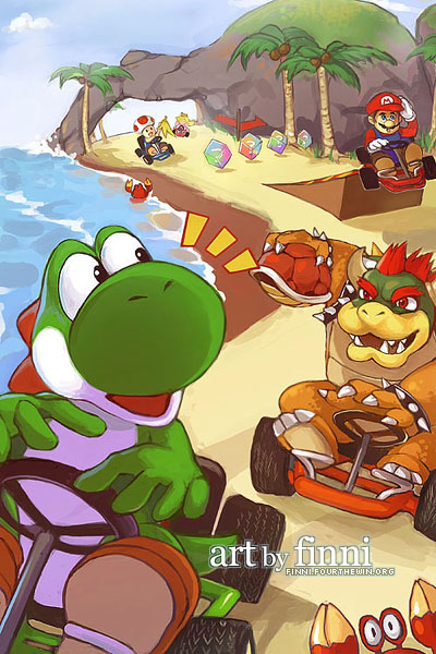 4boys :d banana_peel beach bowser car coconut crab driving food fruit hand_on_hat hkart holding kart looking_back mario mario_kart multiple_boys ocean open_mouth outdoors palm_tree peach princess_peach racing ramp shell signature smile steering_wheel toad toad_(mario) tree watermark web_address yoshi