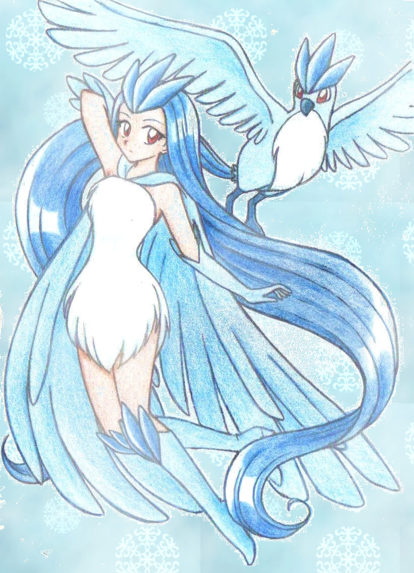 articuno blue blue_background blue_hair chikorita85 dress long_hair looking_at_viewer moemon personification pokemon red_eyes snowflakes traditional_media very_long_hair white_dress