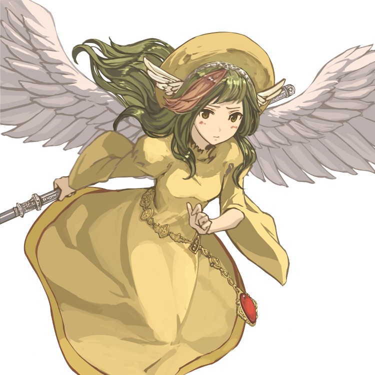 blush dress elona god goddess hat jure_of_healing rueken staff wings yellow