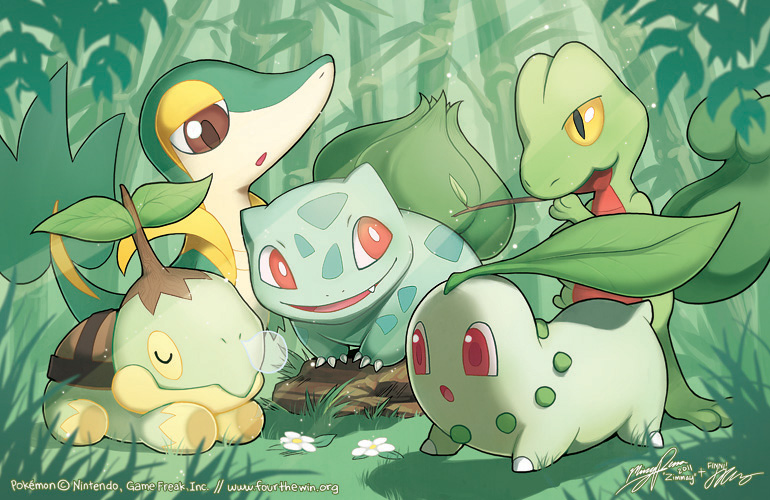 brown_eyes bulbasaur chikorita closed_eyes creature finni_chang flower grass green mouth_hold nature no_humans outdoors plant pokemon pokemon_(creature) red_eyes signature snivy treecko turtwig watermark web_address yellow_eyes